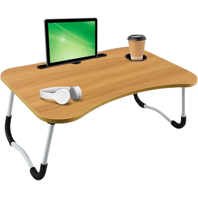 Lomera Opklapbare Laptoptafel - Bedtafel Houtlook - Laptop Standaard - Tablethouder - Bekerhouder - Opberglaatje - Anti-Slip Poten - MDF Tafelblad - Metalen Frame - 60x40 CM - Licht Hout - Laptoptafel voor Bed - Werken in Bed nvt