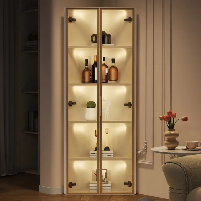 Clruro Vitrinekast - 62x35x160 cm - LED Verlichting met Gehard Glas en Hoekontwerp - Glas - Wit