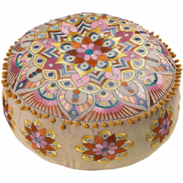 Mandala Life ART Decoratief Marokkaans vloerkussen - vulling niet inbegrepen 60 x 20 cm rond katoen - Indiase yoga kruk decoratieve poef handgemaakt - kleurrijk borduurwerk Groen