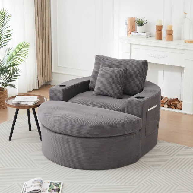 MIVRAY Fauteuil 156 bij 136 bij 88 cm - Ronde Ligfauteuil Met Hocker En Opbergvakken Met Bekerhouders - Voor Woonkamer - Ribstof Grijs