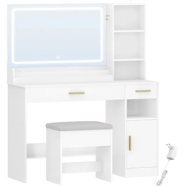 HILINSIE Kaptafel - Make up Tafel - Kaptafel met Spiegel en Verlichting -met Kruk - Grote LED Spiegel - 3 Kleuren Ledverlichting - 2 Laden - 4 Compartimenten en 1 Kast - Wit - 40 × 108 × 141 cm