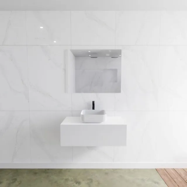 Mondiaz Badkamermeubelset Mondiaz LAGOM 90 cm met Topblad Gecentreerde Wastafel Solid Surface Opzetkom Binx Met 1 Kraangat Mat Wit (1 lade)