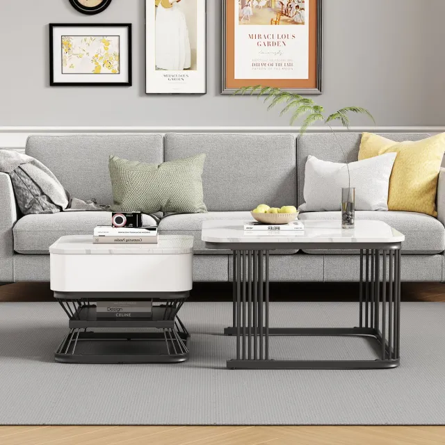 Clruro Salontafel Set - 70 x 70 x 45 cm + 50 x 50 x 40 cm - Geometrisch Ontwerp met 1 Lade - Marmor Optiek - Woonkamer Tafel Set - Wit/Zwart Wit+Zwart