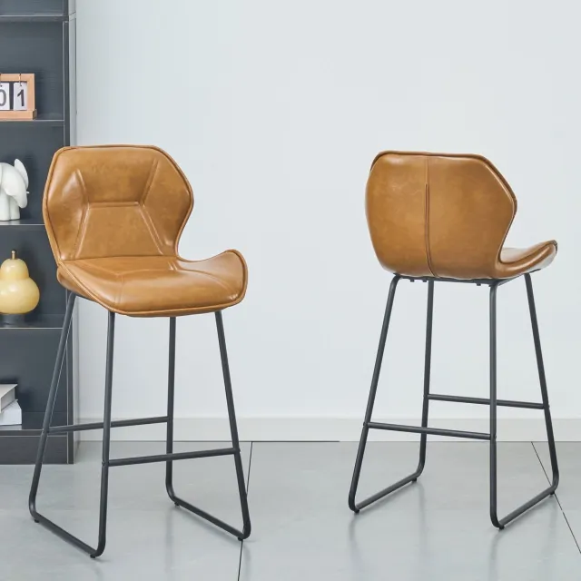 MEUNIQ barkruk set van 2 met rugleuning en voetensteun, kunstleren zitting, zwart metalen frame, 91,5 cm hoog, voor keuken, bar en eetkamer, bruin Cognacbruin