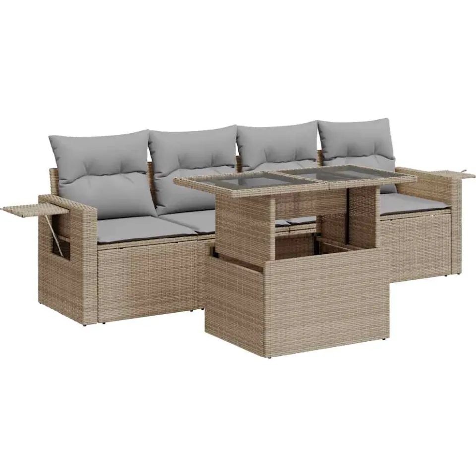vidaXL 5-delige Loungeset met kussens poly rattan beige, foto 3