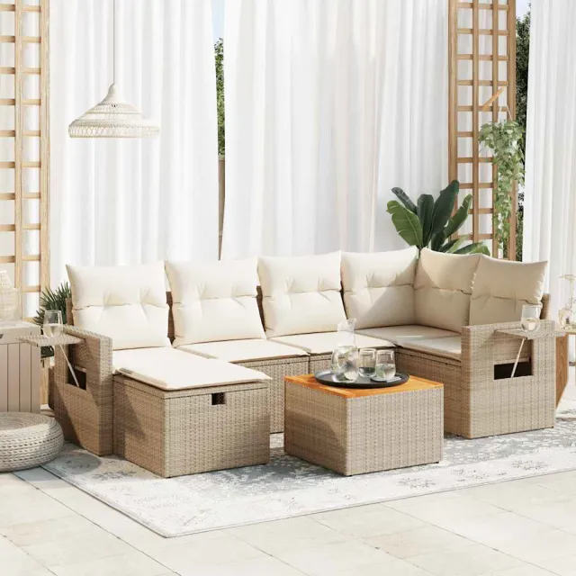 vidaXL 7-delige Loungeset met kussens poly rattan beige, foto 2