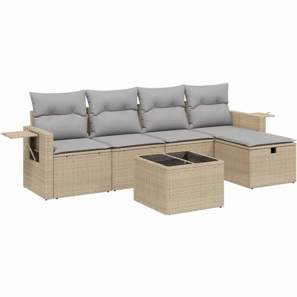 vidaXL 6-delige Loungeset met kussens poly rattan gemengd beige