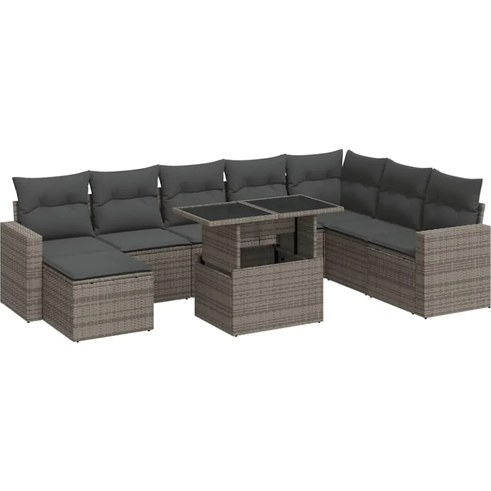 vidaXL 9-delige Loungeset met kussens poly rattan grijs, foto 3