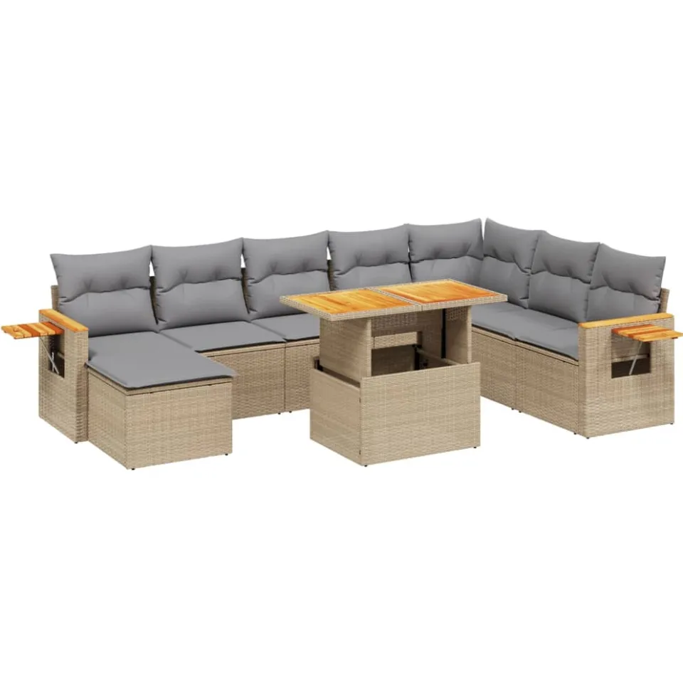 vidaXL 9-delige Loungeset met kussens poly rattan beige