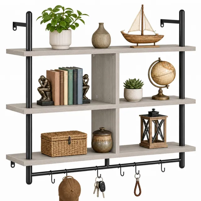 PIPIPOXER Wandrek - Boekenplank - Wandplank - voor woonkamer, slaapkamer, keuken - Hout -105 x 94 x 24 cm - Grijs