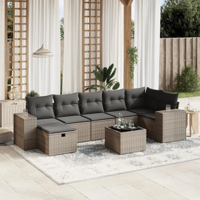 vidaXL 8-delige Loungeset met kussens poly rattan grijs