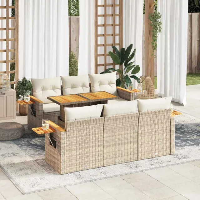 vidaXL 7-delige Loungeset met kussens poly rattan acacia beige, foto 2