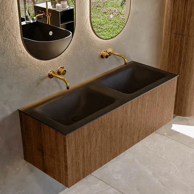 Mondiaz KURVE 120 cm Onderkast Greeploos 1 Lade Zonder Deuren Walnut, Wastafel Solid Surface Dubbel Urban 0 Kraangaten Zonder Spiegel (KRVCLO1201L0D0KD-Wal/Urb)