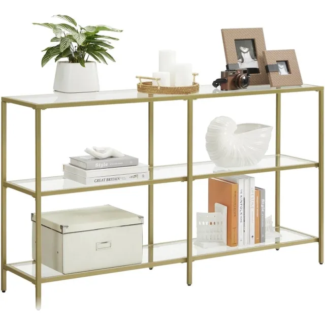 Klarven Console Tafel Glas Goudkleurig - Glazen Consoletafel - Console Table - 3 Glazen Planken, Metalen Frame - Modern Ontwerp - 130x30x73 cm Goudkleurig-Transparant