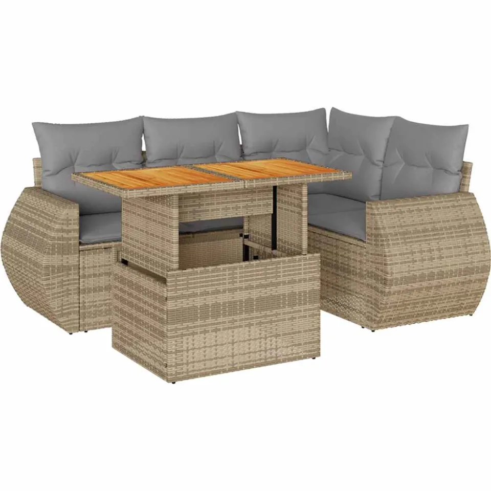 vidaXL 5-delige Loungeset met kussens poly rattan beige, foto 3
