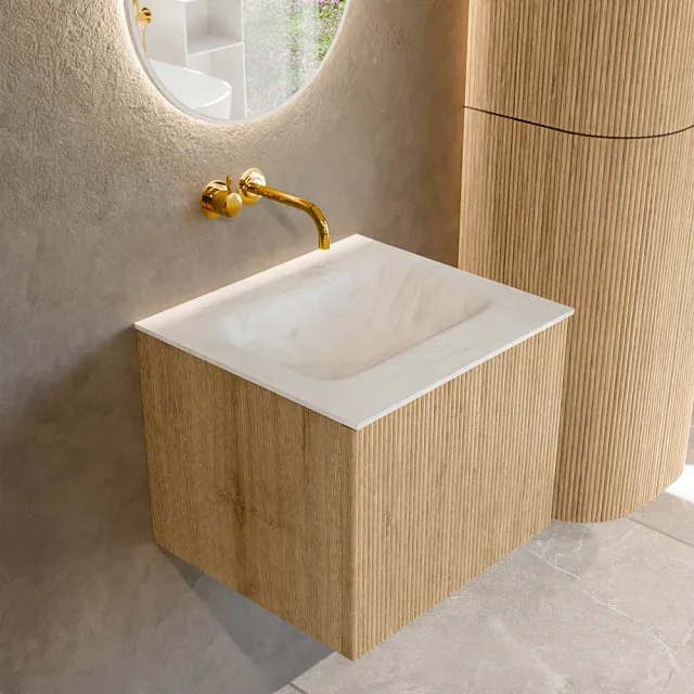 Mondiaz KURVE-DLUX 50 cm Onderkast Greeploos 1 Lade Zonder Deuren Oak, Wastafel Solid Surface Midden Opalo 0 Kraangaten Zonder Spiegel (KRVGRU501L0D0KM-Oak/Opa)