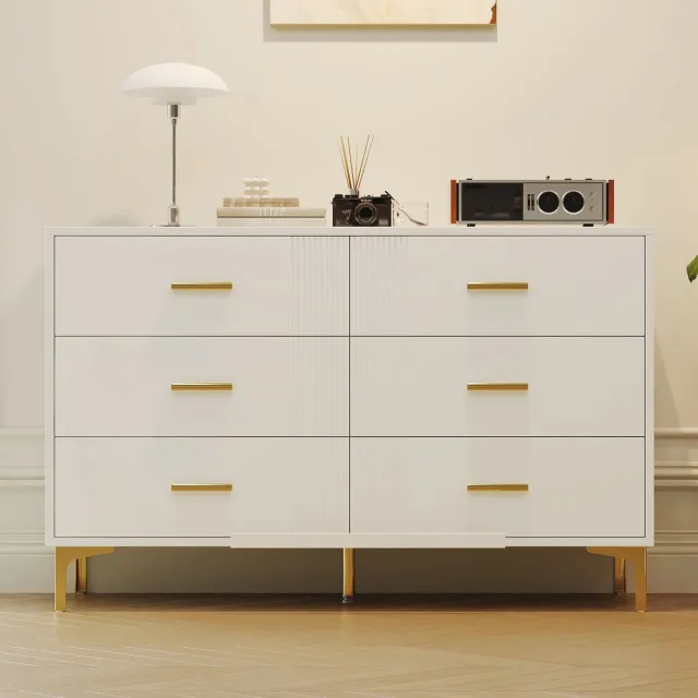 MIVRAY Ladekast - 6 Laden Met Gegolfd Front - Voor Woonkamer En Slaapkamer - MDF - Wit - 120x40x76 Cm
