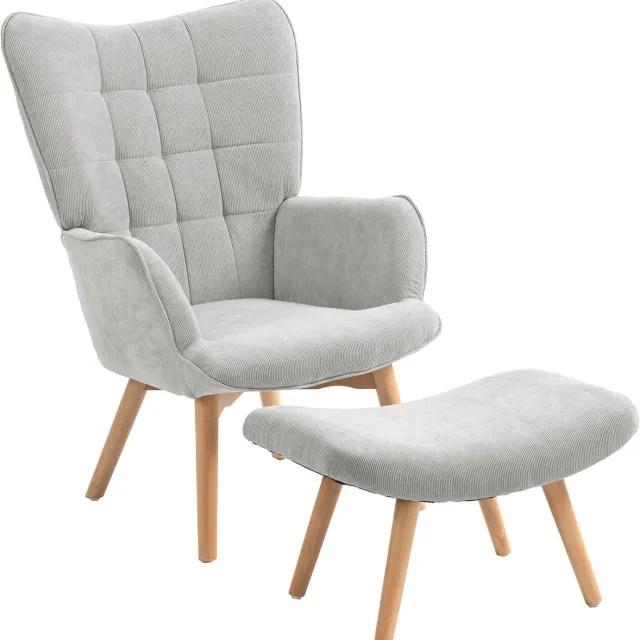 Homona Fauteuil met hocker - Met gestoffeerde zitting in cord-optiek en beukenhouten poten - 72 x 80 x 101 cm - Grijs
