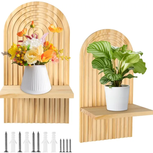 Omtofo 2 stuks wandplank hout boho wanddecoratie houten wanddecoratie kinderkamer wandplanken kleine plantenplank voor woonkamer slaapkamer (natuur) multi
