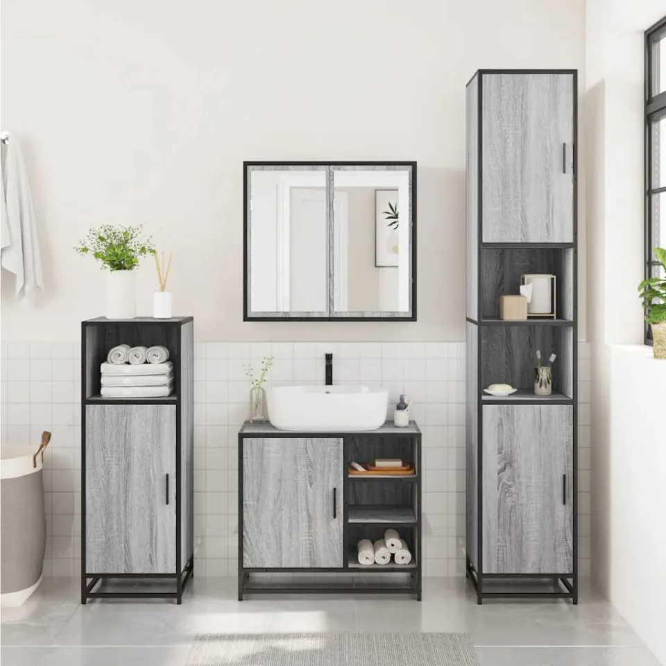 vidaXL 3-delige Badkamermeubelset bewerkt hout grijs sonoma eikenkleur, foto 2