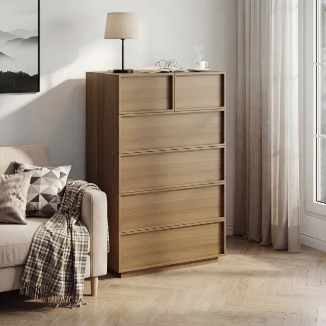 MODENUIT Ladekast - 6 Lades Met Grifloze Fronten - Voor Woonkamer, Slaapkamer En Hal - Eiken - 80x48x127 Cm Oak