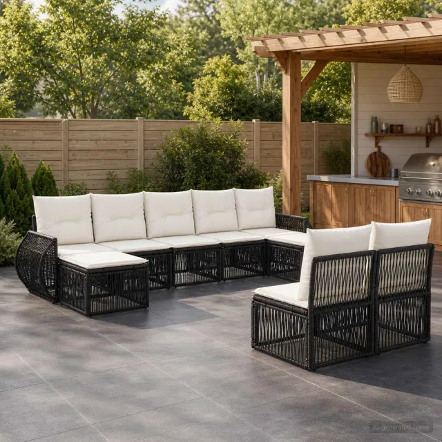 vidaXL Tuinbankenset 9 st 9-zits Zwart en Cream Wit poly rattan, foto 2