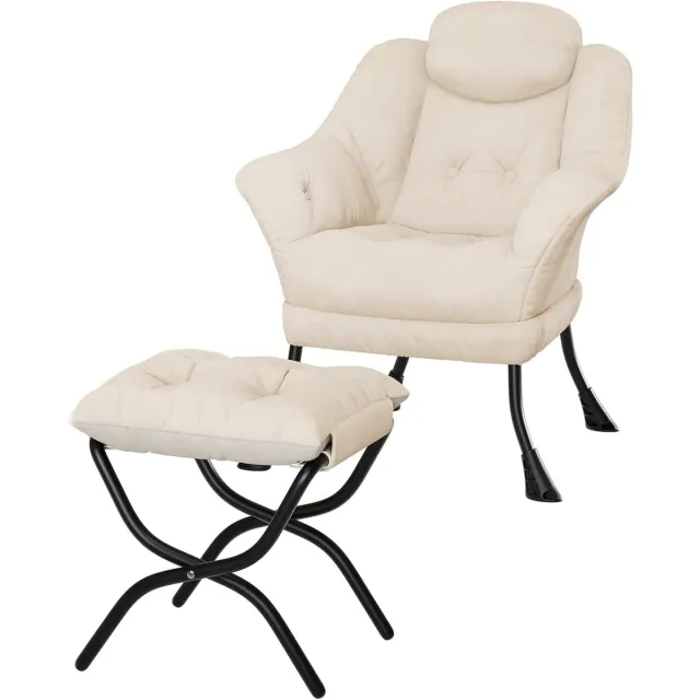 HOERFURIY Moderne Fauteuil met Hocker - Pluche Imitatiebont - beige - Compacte Relaxstoel met Zijvak - Inclusief Voetsteun - Voor Woonkamer & Slaapkamer