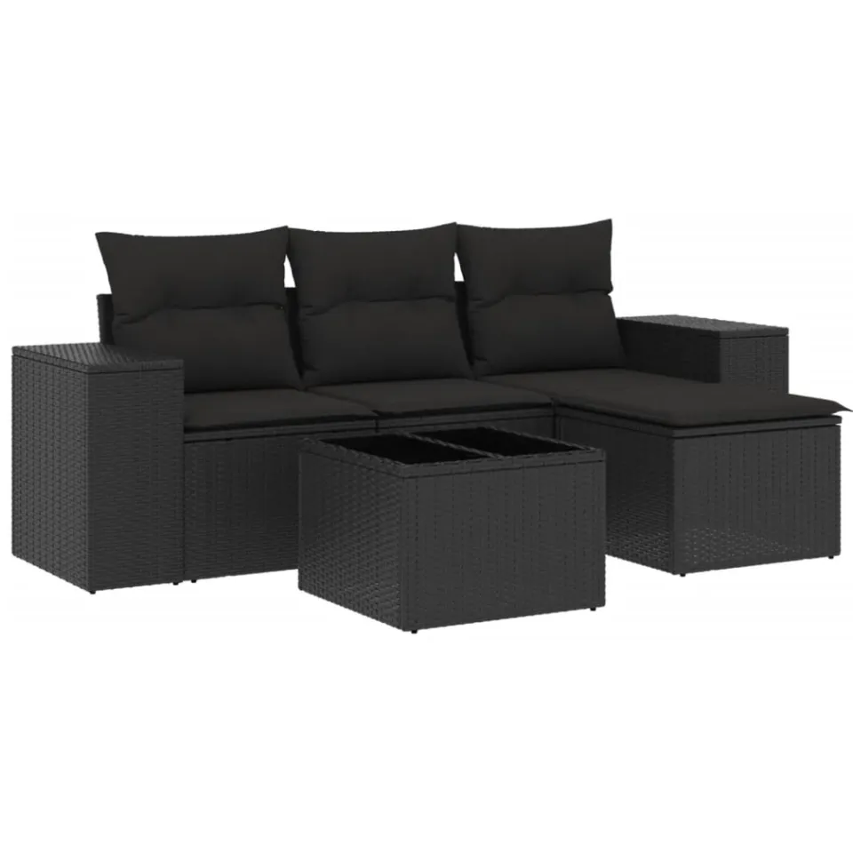 vidaXL 5-delige Loungeset met kussens poly rattan zwart, foto 3