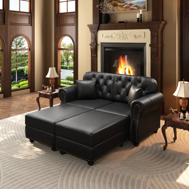 VVBV Chesterfield 2-Zitsbank met 2 Poefs - 160 cm - Kunstleer - Zwart - Gecapitonneerd met Pocketvering
