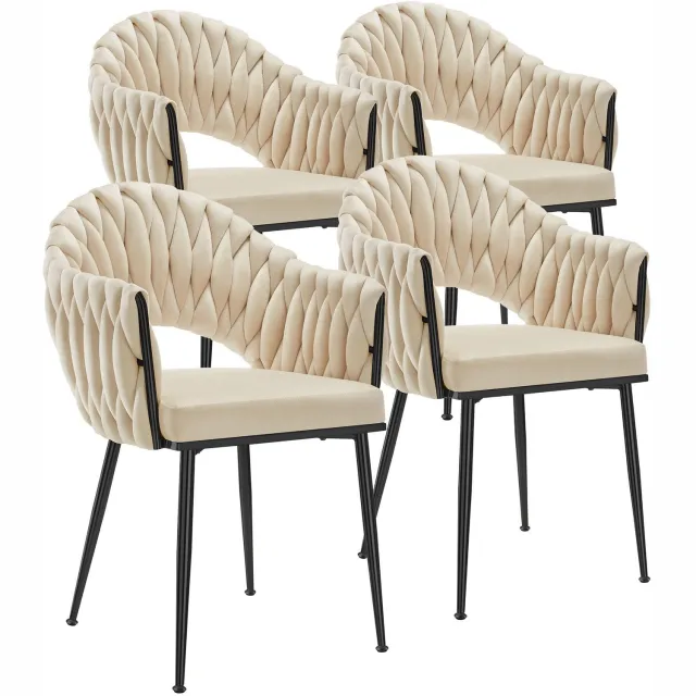 Tectake Eetkamerstoel Caslano - Set van 4 - Eetkamerstoelen met Fluwelen Bekleding - Doorlopende Rugleuning en Armleuning met Vlechtwerk - Slanke Stalen Poten - Draagkracht 150 kg per Stoel - Zandkleur/Zwart