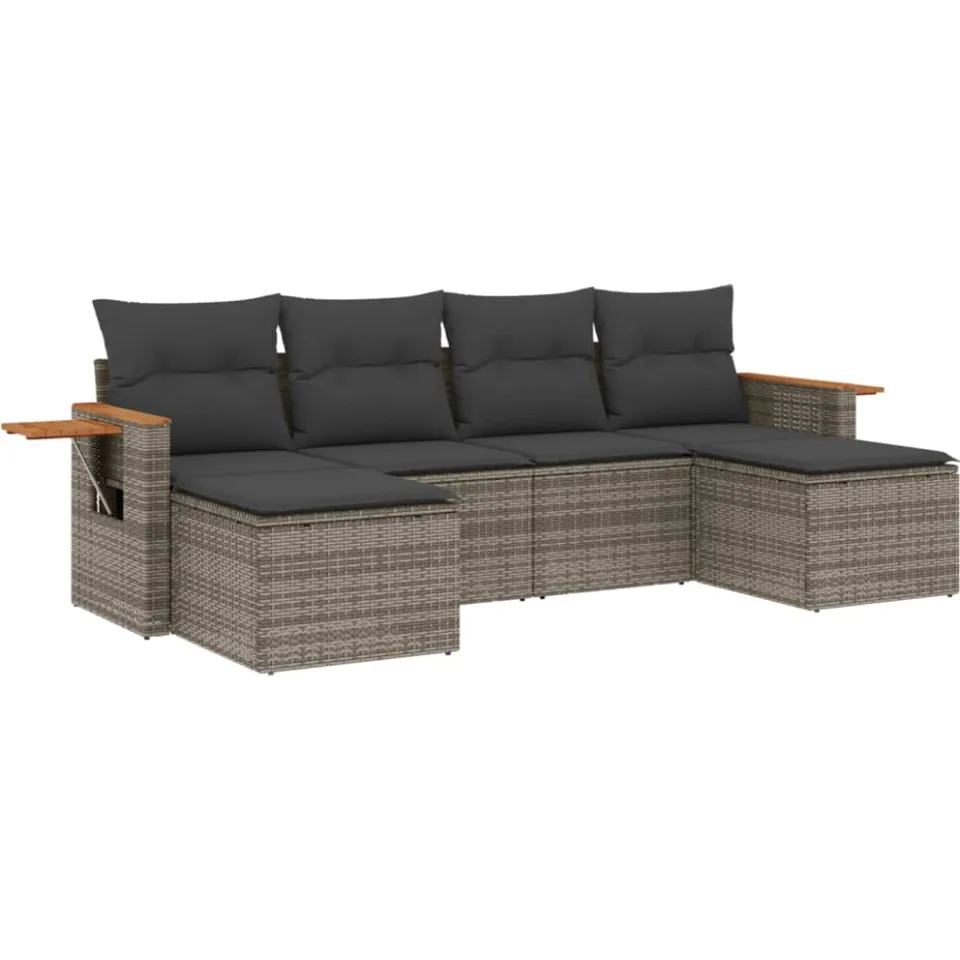 vidaXL 6-delige Loungeset met kussens poly rattan grijs