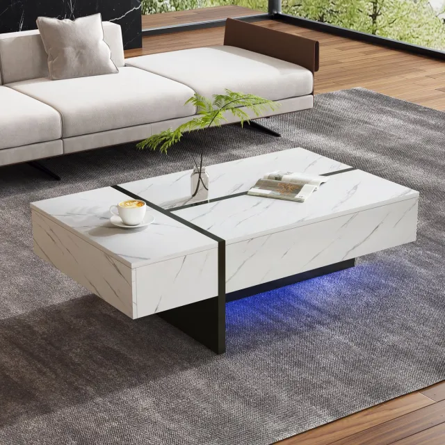 Sweiko Salontafel - LED-verlichting - Marmerlook - 3 lades - 105 x 60 x 35 cm - Wit + Zwart