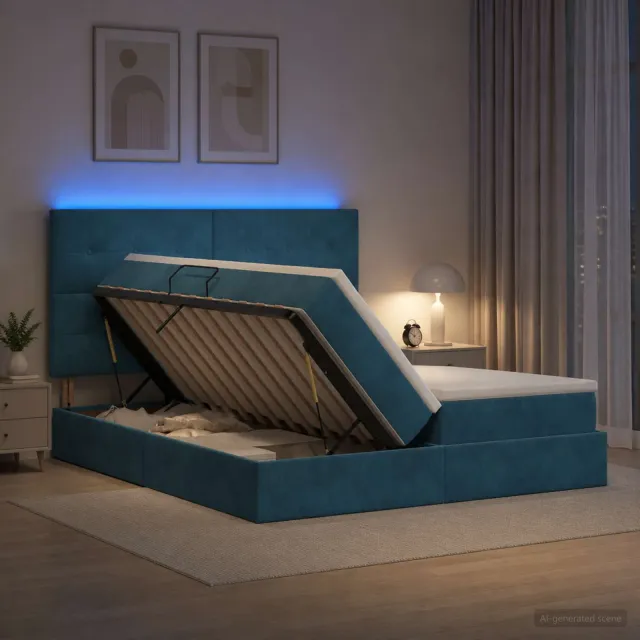 vidaXL LED Opslagbed met Matras Donkerblauw 200 x 200 cm Fluweel