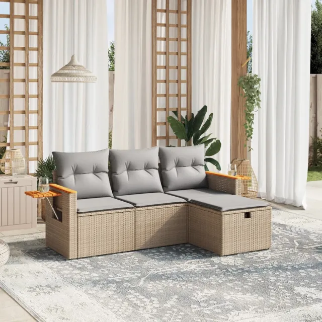 vidaXL 4-delige Loungeset met kussens poly rattan gemengd beige, foto 2