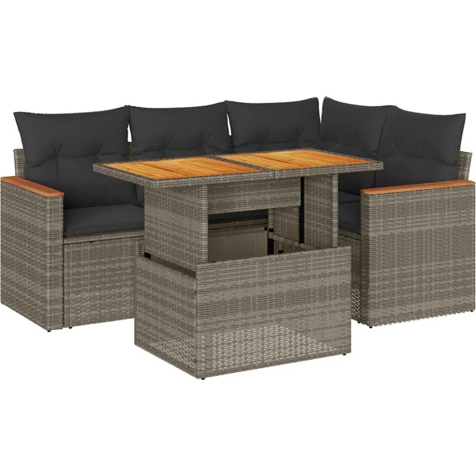 vidaXL 5-delige Loungeset met kussens poly rattan acacia grijs, foto 3