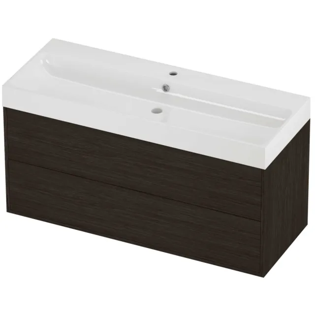 Proline Podium Badmeubelset Polystone Loft 1 Kraangat Voor Grepen 120x46x62 cm Glans Wit Mokka Oak Eiken
