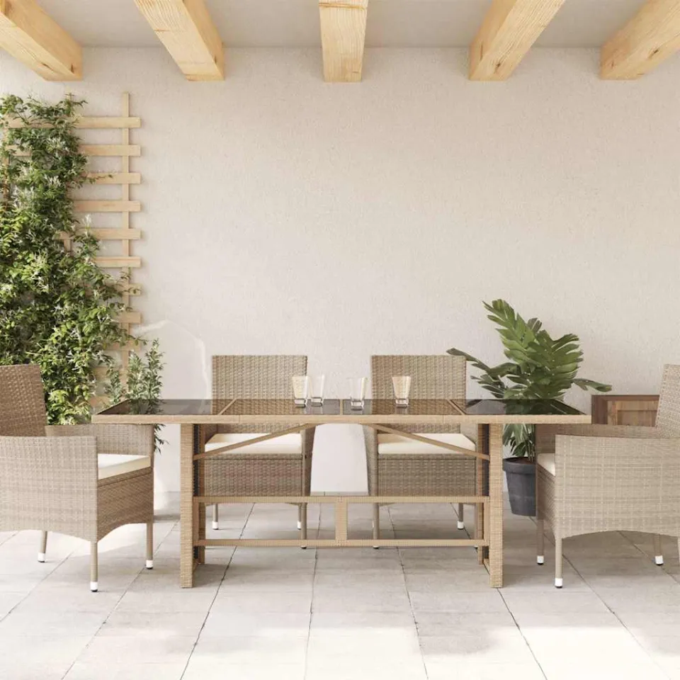 vidaXL Tuintafel met glazen blad 190x80x74 cm poly rattan beige, foto 3