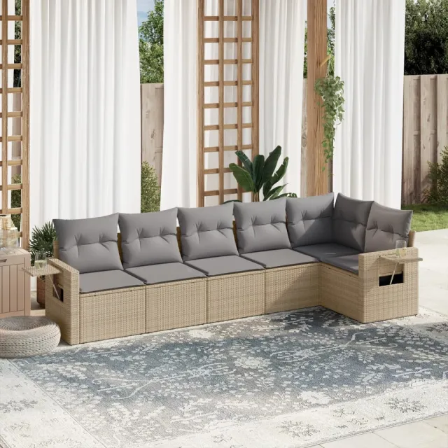 vidaXL 6-delige Loungeset met kussens poly rattan beige, foto 2
