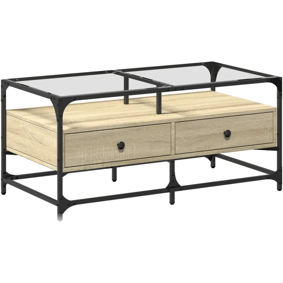 vidaXL Salontafel met glazen blad 98,5x50x45 cm sonoma eiken staal, foto 3