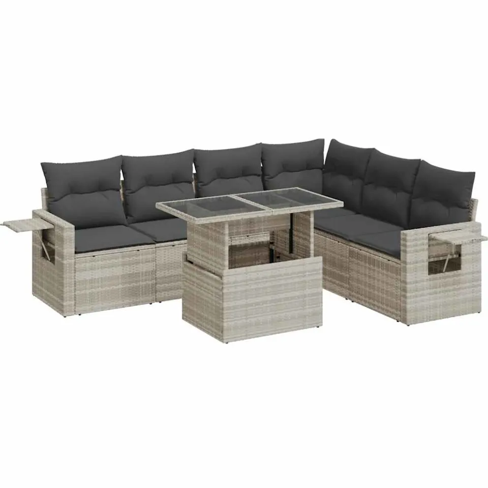 vidaXL 7-delige Loungeset met kussens poly rattan lichtgrijs grijs, foto 3