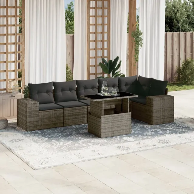vidaXL 7-delige Loungeset met kussens poly rattan grijs, foto 2