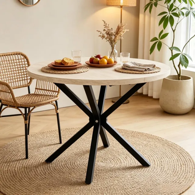 FloraGrace Ronde Eettafel - Marmerlook Blad En Zwart Metalen Onderstel - Voor Eten - Metaal En Plaatmateriaal - Diameter 100 Cm - Zwart En Houtkleurig