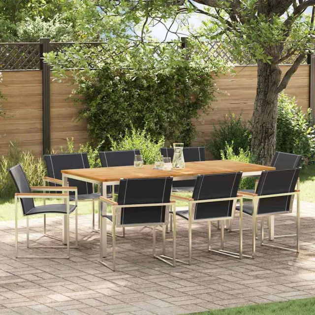 vidaXL Tuin eettafelset 9 st Massief acaciahout en roestvrij staal, foto 2