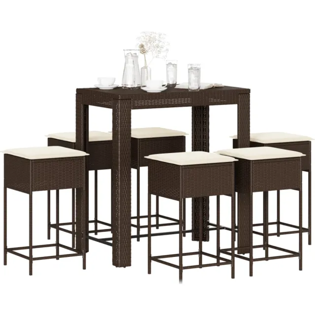 vidaXL 7-delige Tuinbarset met kussens poly rattan bruin