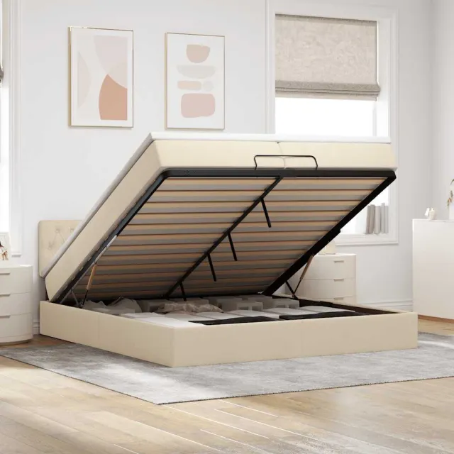 vidaXL Ottoman bed met matras 200x200 cm stof crèmekleurig