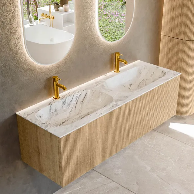 Mondiaz KURVE-DLUX 140 cm Onderkast Greeploos 2 Lades Zonder Deuren Oak, Wastafel Solid Surface Dubbel Glace 2 Kraangaten Zonder Spiegel (KRVSTS1402L0D2KD-Oak/Gla)