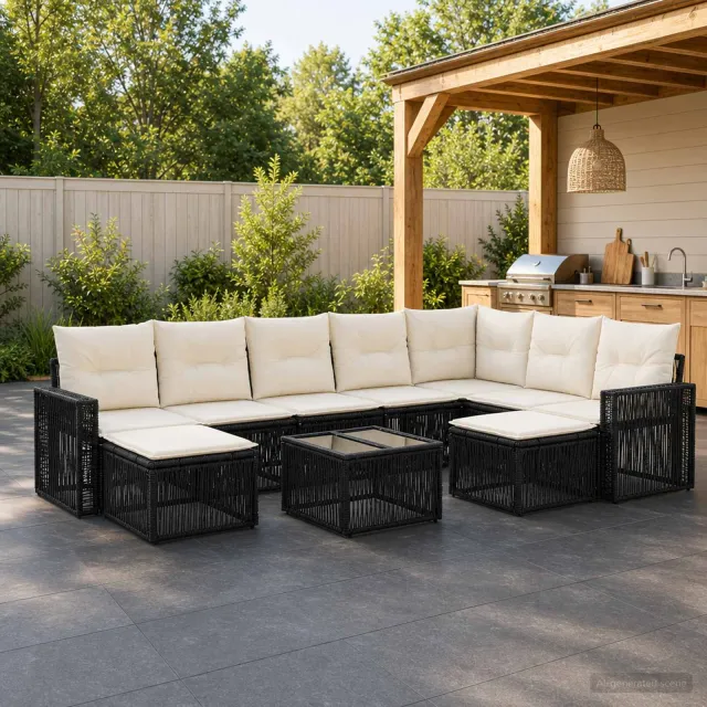 vidaXL Tuinbankenset 10 st 9-zits Zwart en Cream Wit poly rattan, foto 2