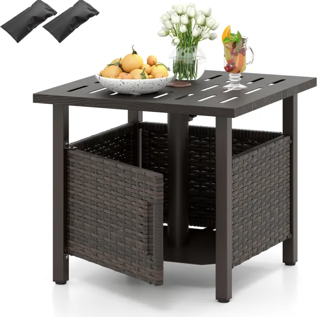 Costway Bijzettafel voor buiten, weerbestendig, rotan tuintafel met paraplugat, kleine balkontafel, koffietafel voor tuin, balkon, terras, 55,5 x 55,5 x 47,5 cm Bruin