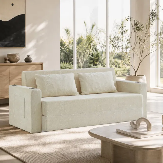 MIVRAY Slaapbank 153 Cm - 2-Zits Klapbaar Met Usb-Opladen En 2 Kussens - Voor Woonkamer En Appartement - Chenille Beige