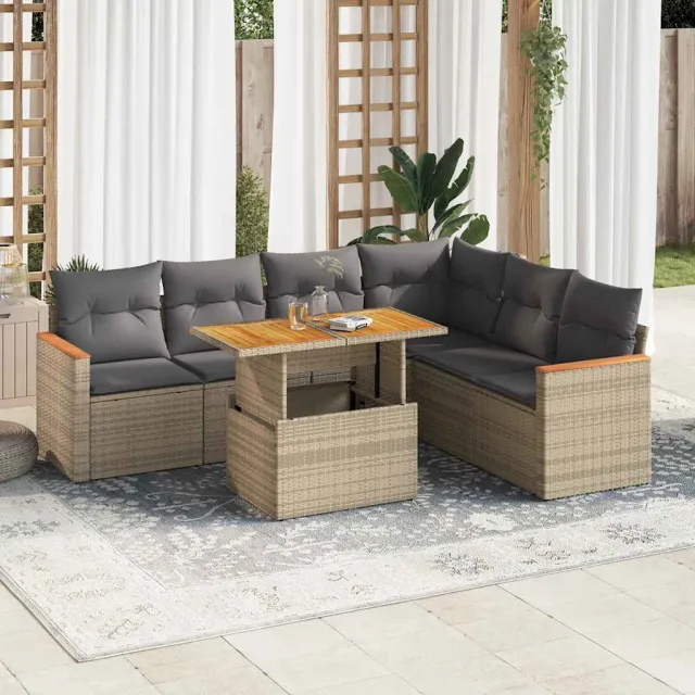 vidaXL 7-delige Loungeset met kussens poly rattan acacia beige, foto 2